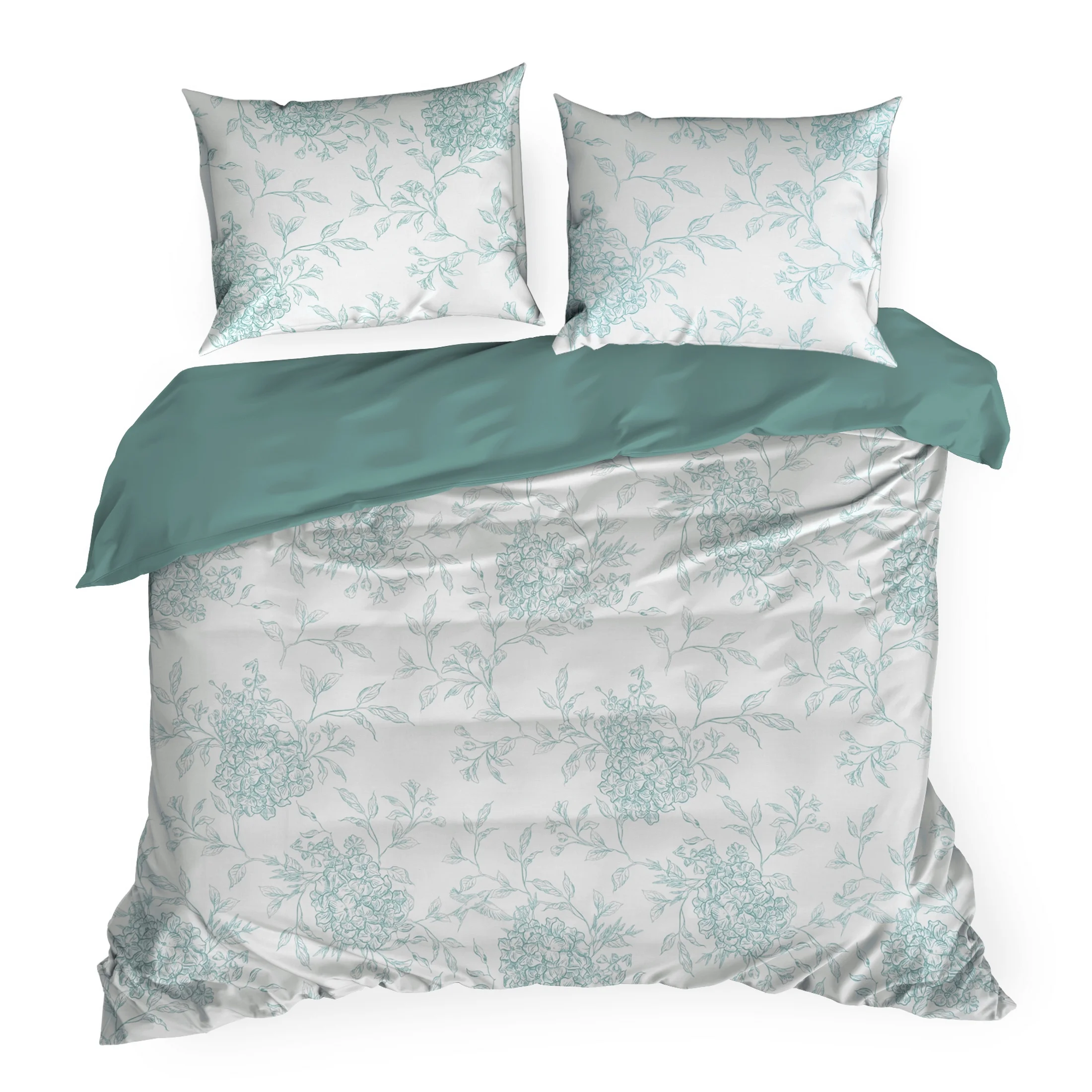 Pościel 220x200 cm komplet 3 częściowy satyna bawełniana kolor biały, jasno miętowy z motywem kwiatów hortensji SPRING 85 Eurofirany