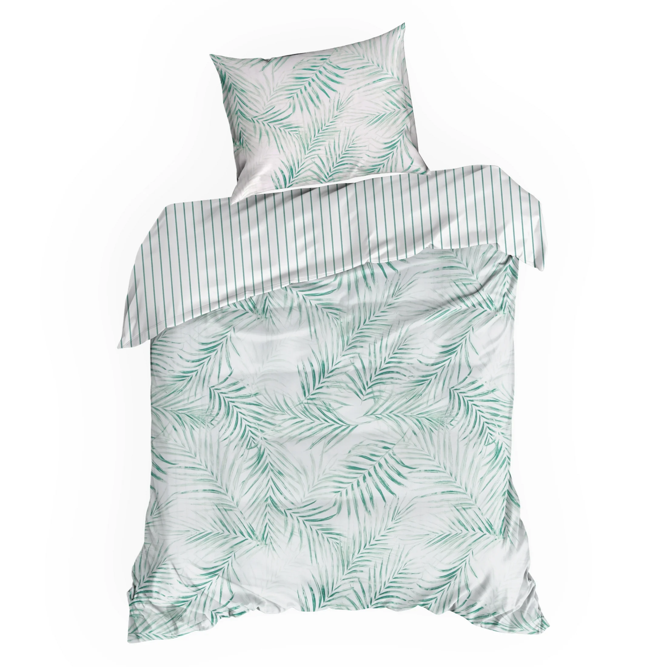 Pościel 140x200 cm komplet 2 częściowy z satyny bawełnianej kolor biało, miętowy zdobiona nadrukiem egzotycznym RAYA 3 Eurofirany