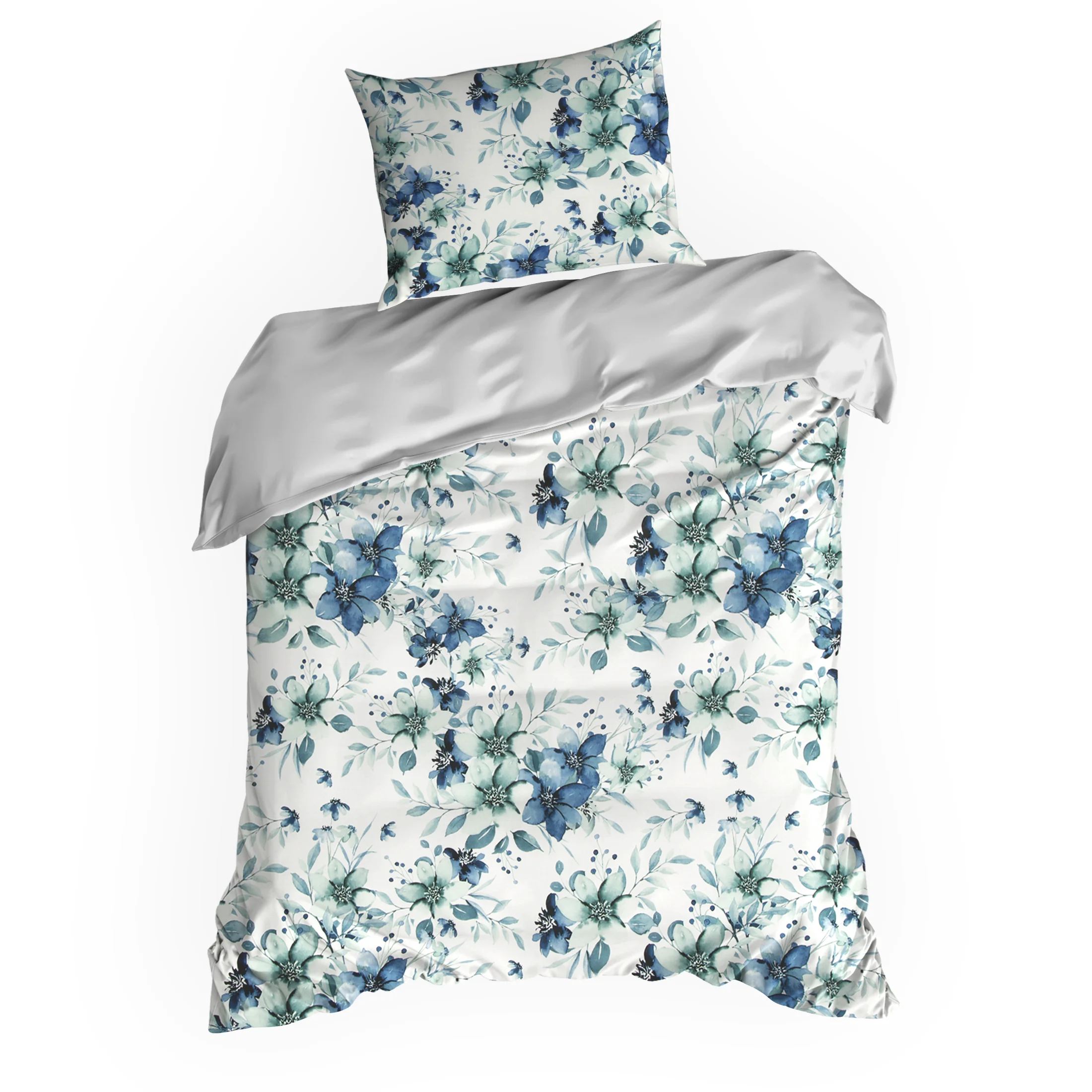 Pościel 140x200 cm z satyny bawełnianej kolor biały, niebieski z kwiatowym wzorem SPRING 54 Eurofirany