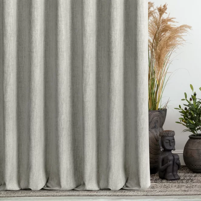 Zasłona szyta na taśmie 5 cm beżowa z tkaniny o naturalnym splocie z efektem melanżu
