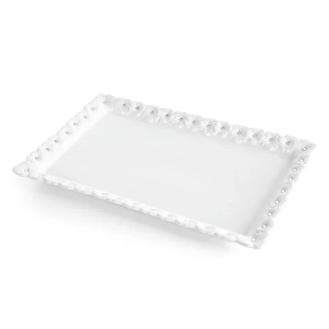 Patera dekoracyjna biała zdobiona w drobne kwiaty z błyszczącym wykończeniem 30x19x3 cm ELISA Eurofirany
