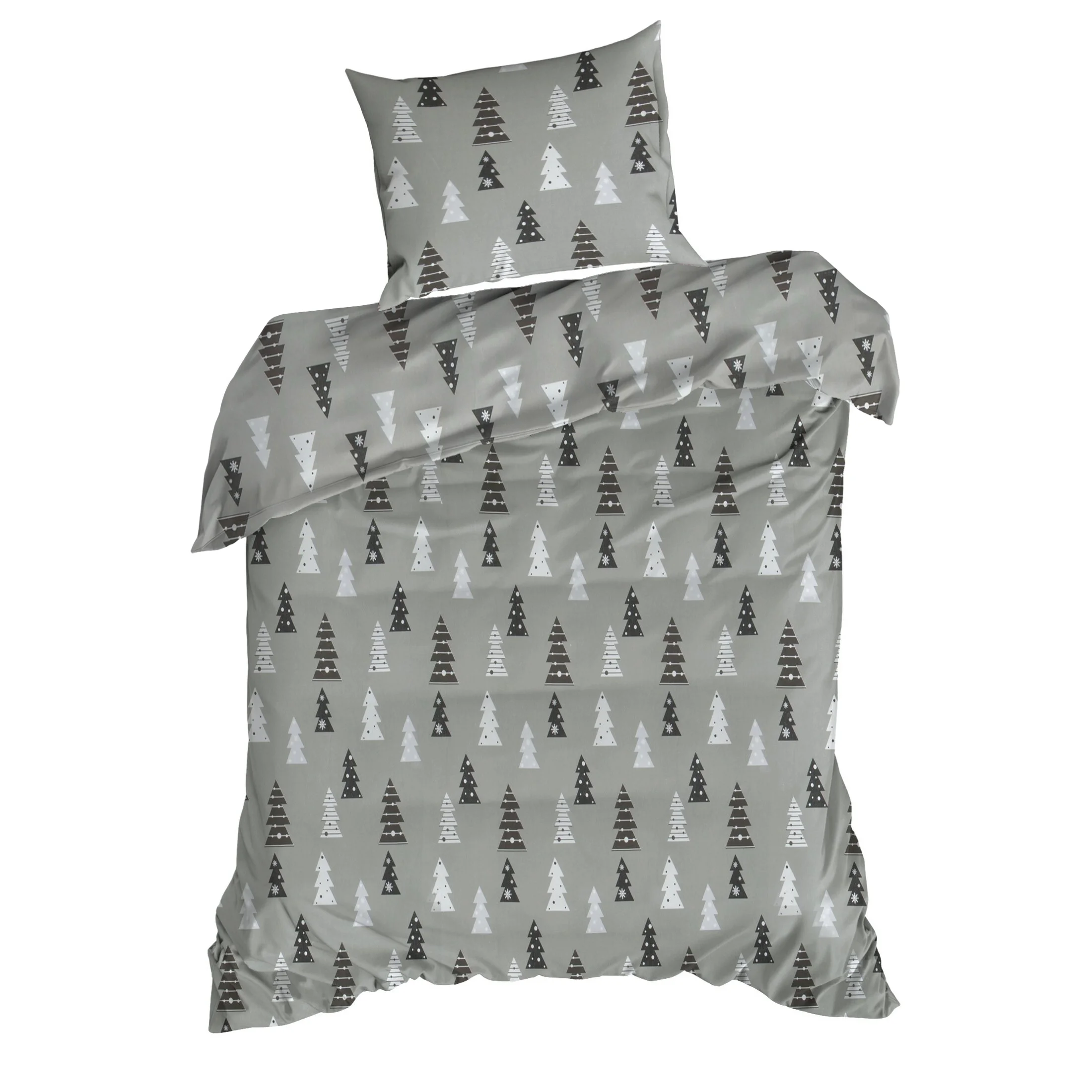 Pościel świąteczna 140x200 cm z bawełny flanelowej, kolor stalowy, biały z nadrukiem drobnych choinek LENON Eurofirany