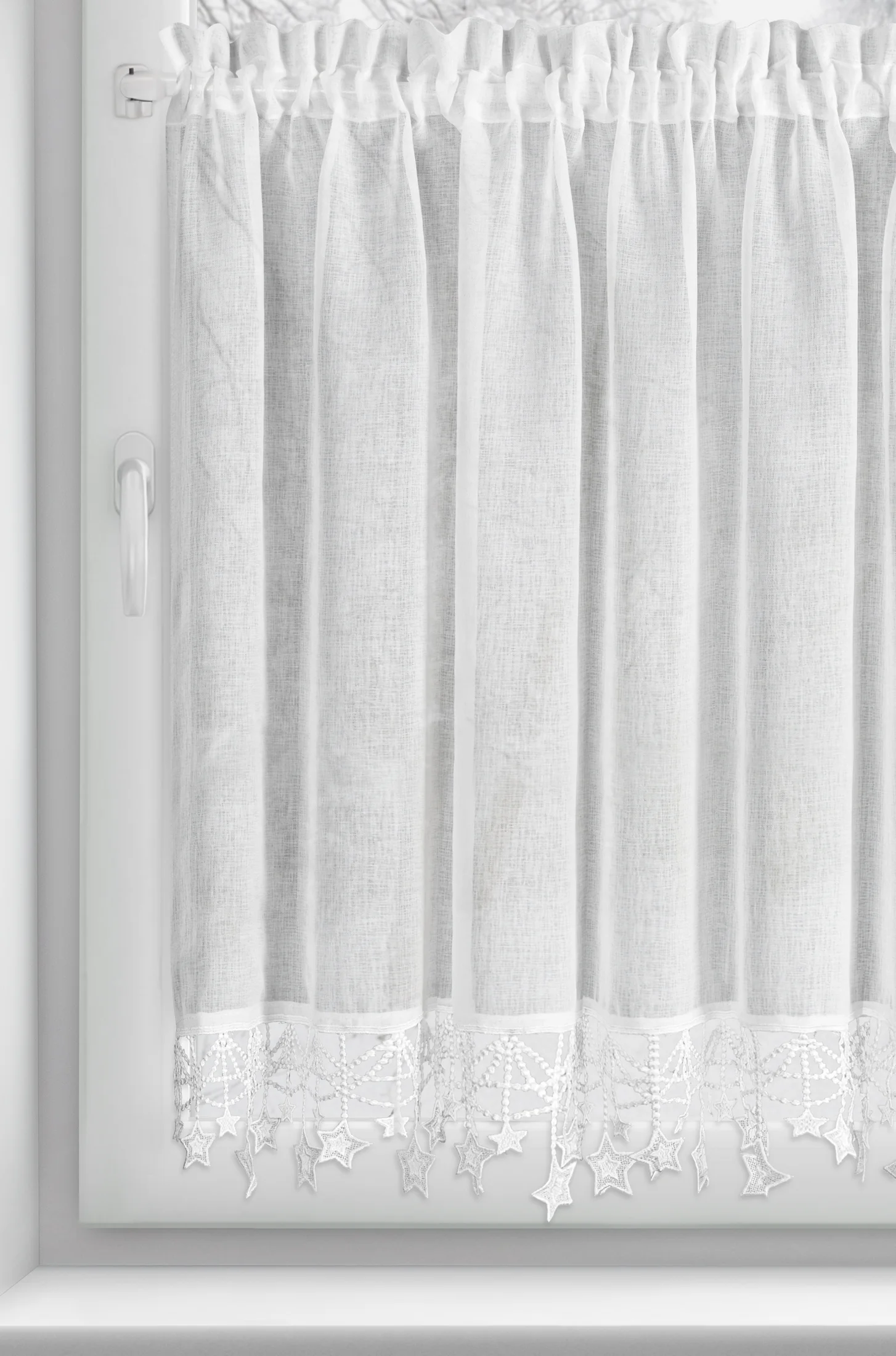 Zazdrostka świąteczna biała z etaminy zdobiona luźno zwisającymi gwiazdkami 150x90 cm tunel - XMAS Eurofirany