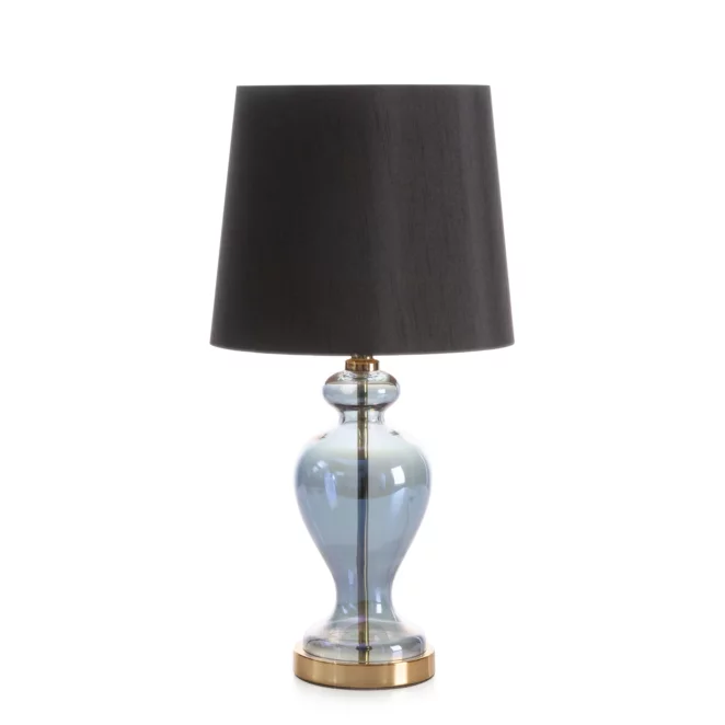 Lampa stołowa nocna czarno, złota na podstawie z przezroczystego szkła z abażurem z matowej tkaniny 21x48 cm EMILIO Eurofirany