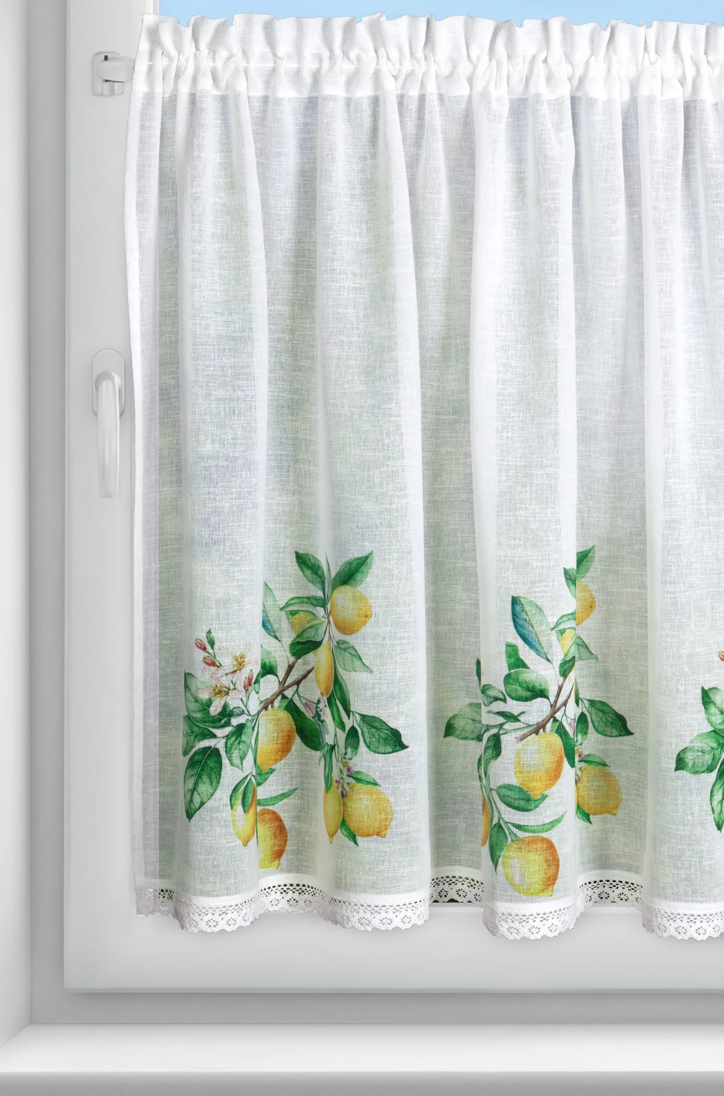 Zazdrostka biało, zielona z etaminy zdobiona nadrukiem cytryn 90x150cm tunel CLOE Eurofirany