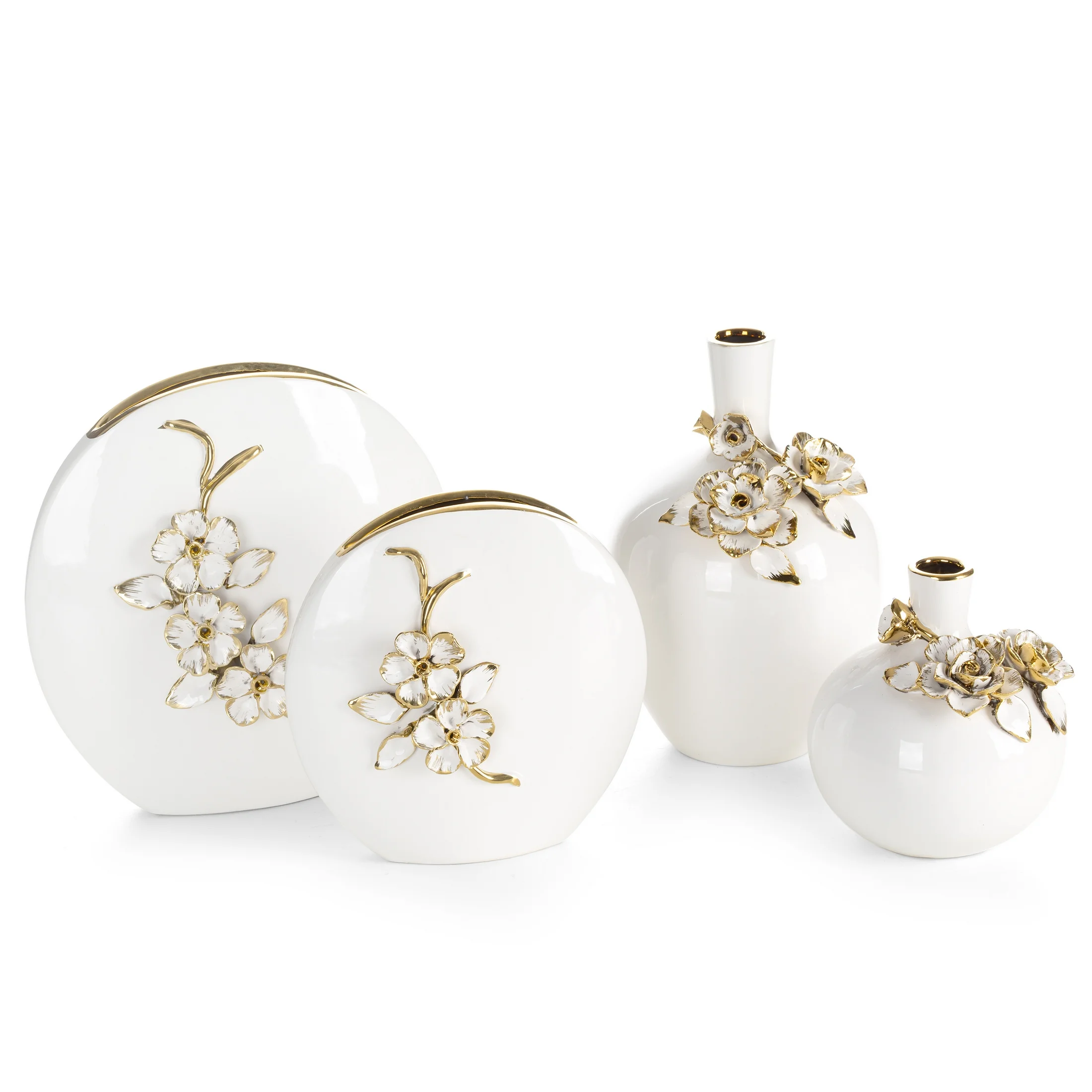 Wazon dekoracyjny biało, złoty zdobiony różami 3D 20x7x21 cm SARA Eurofirany