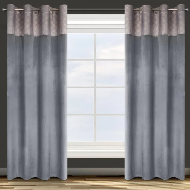 Zasłona grafitowa z aplikacją z błyszczącego welwetu 140x250 cm przelotka AGNES Design 91 Eurofirany