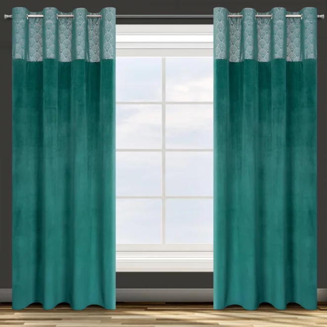 Zasłona turkusowa z aplikacją z błyszczącego welwetu 140x250 cm przelotka AGNES Design 91 Eurofirany