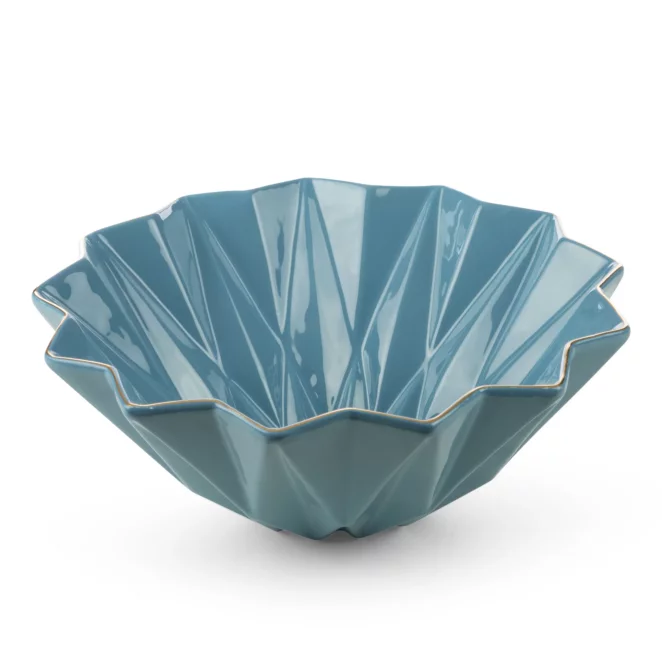 Patera ceramiczna dekoracyjna niebiesko-złota  z geometrycznymi wytłoczeniami średnica 28x11 cm ALANI Eurofirany