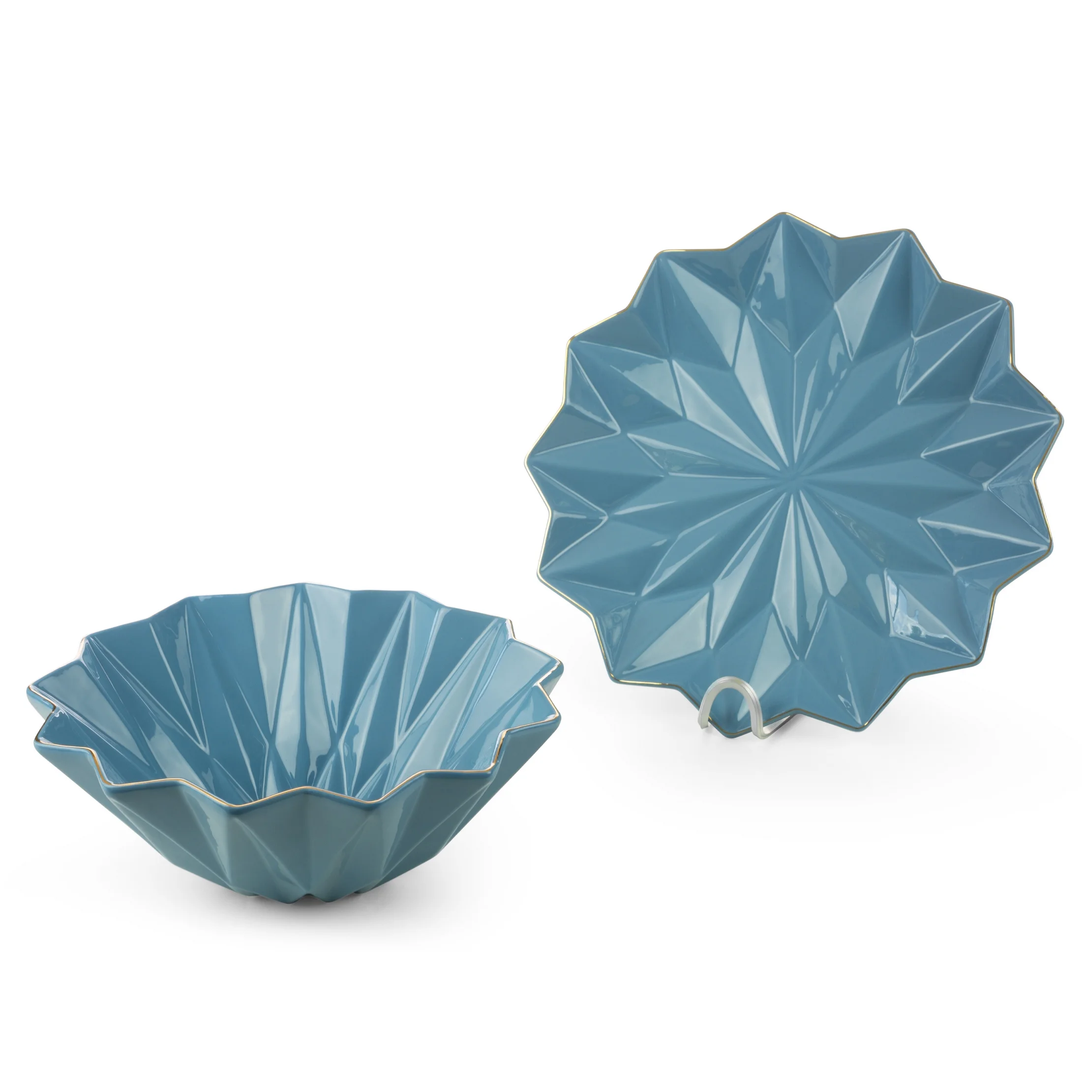 Patera ceramiczna niebiesko-złota z geometrycznymi wytłoczeniami 33x33x4 cm ALANI Eurofirany