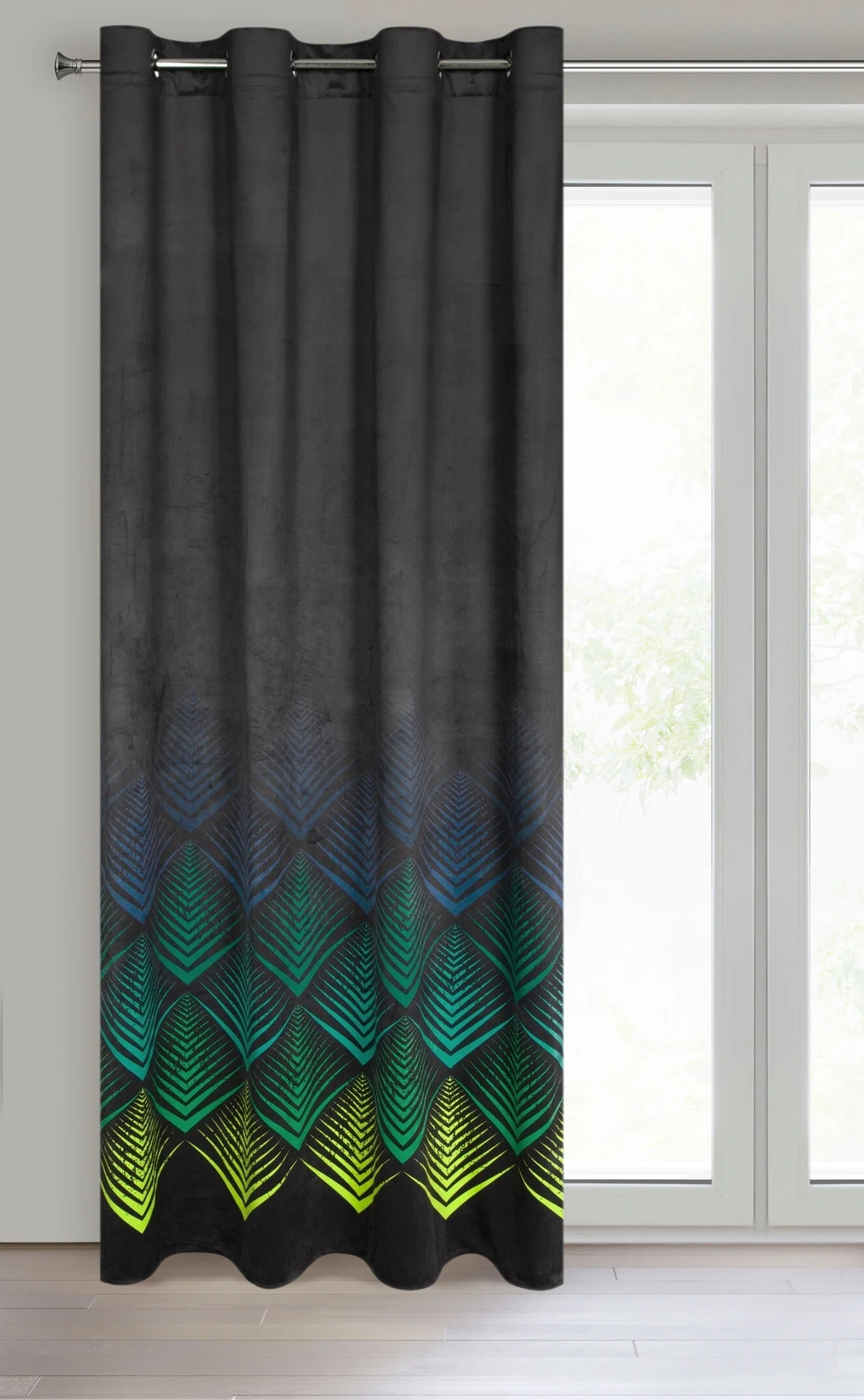 Zasłona czarno, turkusowa z oliwkowym wzorem geometrycznym z tkaniny welwetowej 140x250 cm przelotka ANGELINA Eurofirany