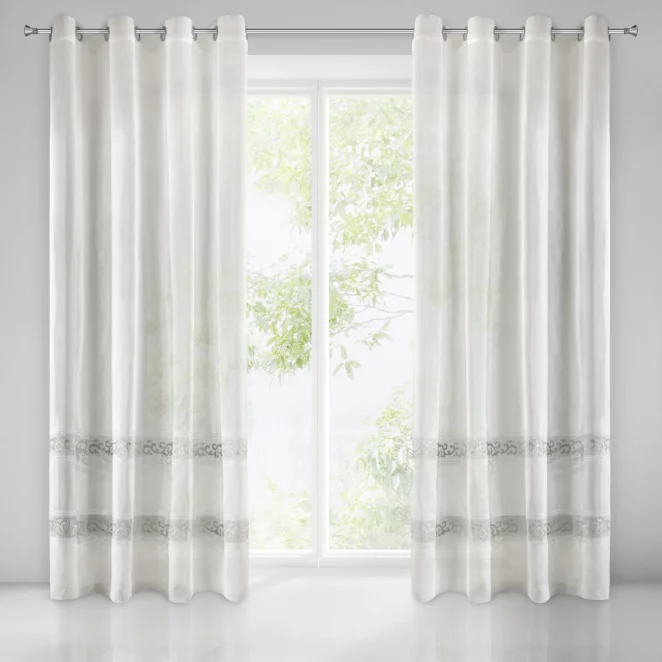 Firana biało, szara zdobiona mereżką, ornamentowym wzorem z welwetu 140x270 cm przelotka ANNE DIVA LINE Eurofirany