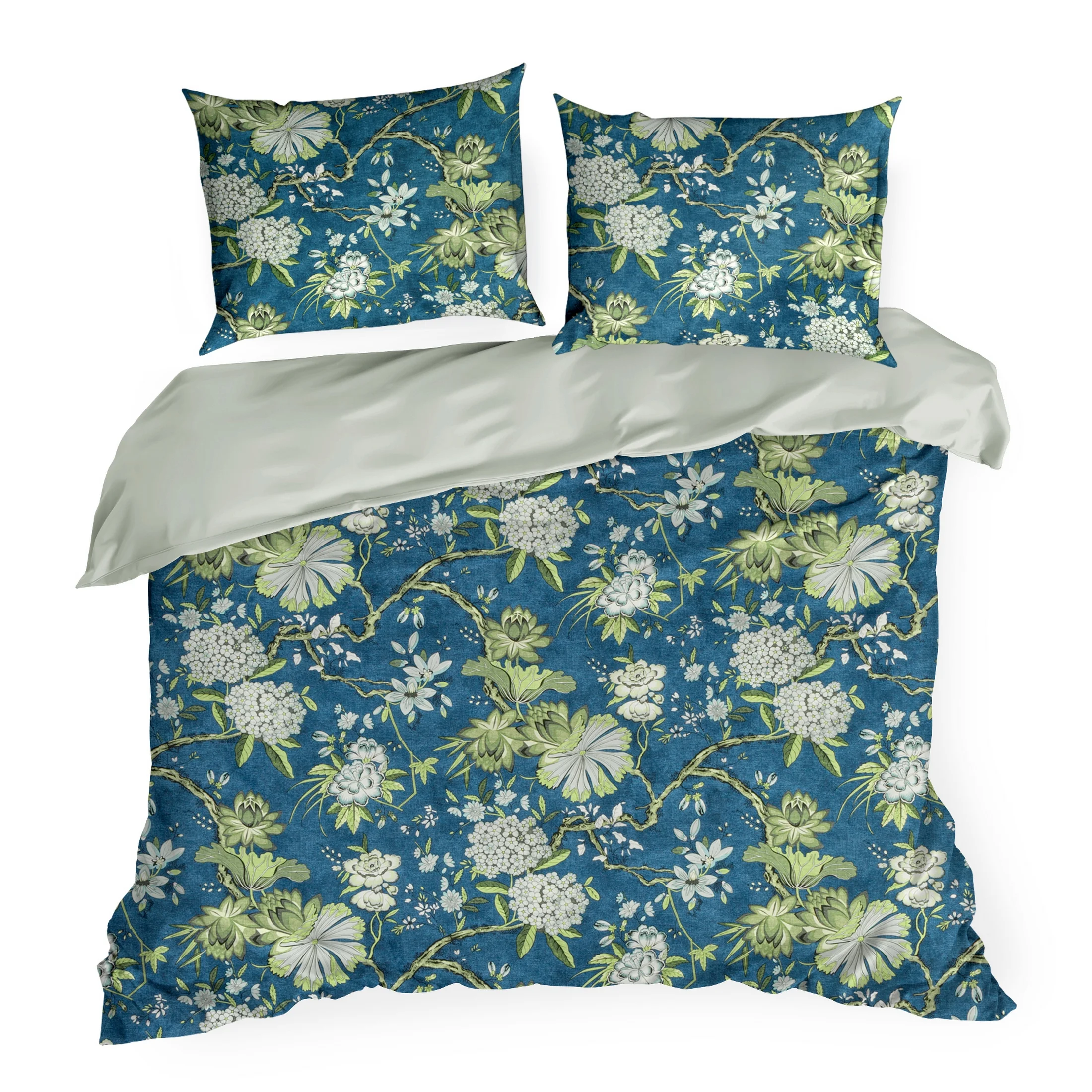 Pościel 160x200 cm z satyny bawełnianej kolor niebieski, jasno miętowy z motywem kwiatów SPRING 68 Eurofirany