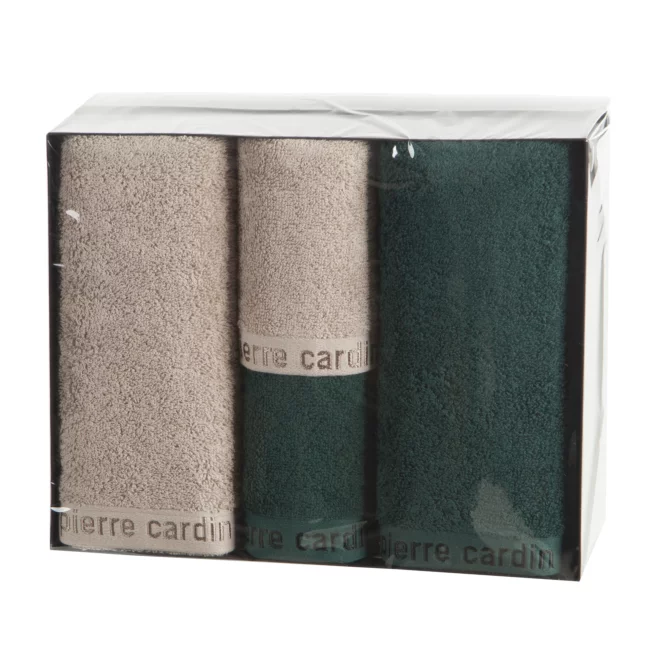 Zestaw ręczników bawełnianych na prezent 2 szt 30x50 cm, 2 szt 50x90 cm kolor ciemnobeżowy, ciemnozielony z kolekcji Pierre Cardin Eurofirany