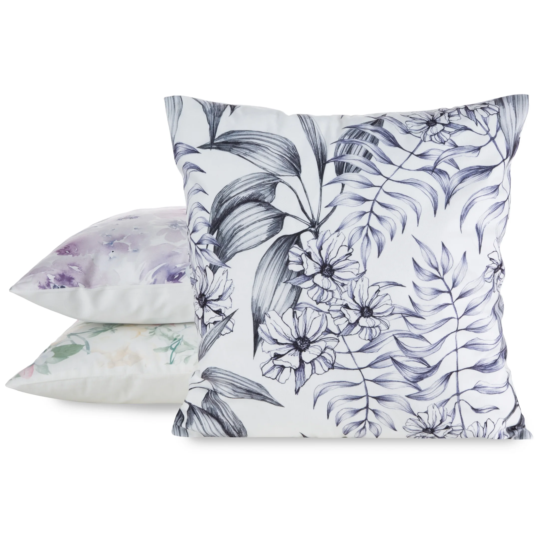 Poszewka na poduszkę 45x45 cm welwetowa zdobiona nadrukiem kwiatów biało, czarna MINK Eurofirany