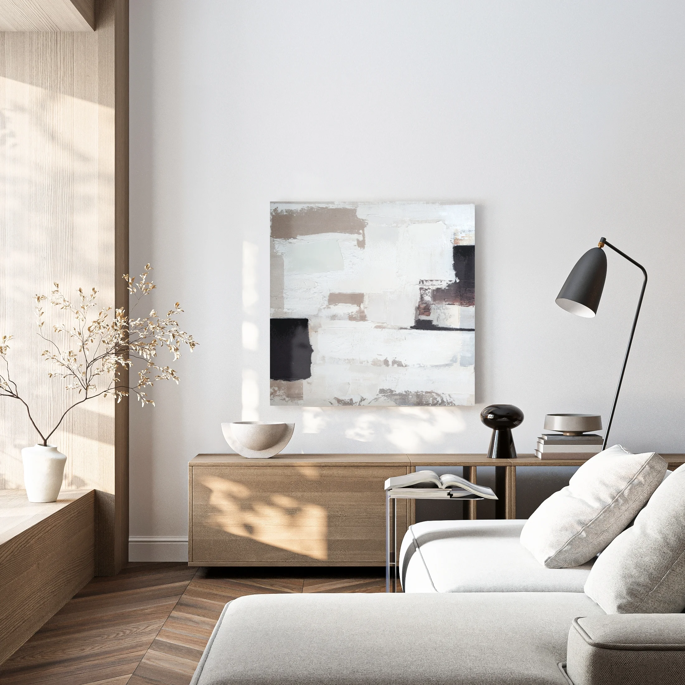 Obraz abstarkcja kremowo, beżowy ręcznie malowany na płótnie 80x80 cm Eurofirany