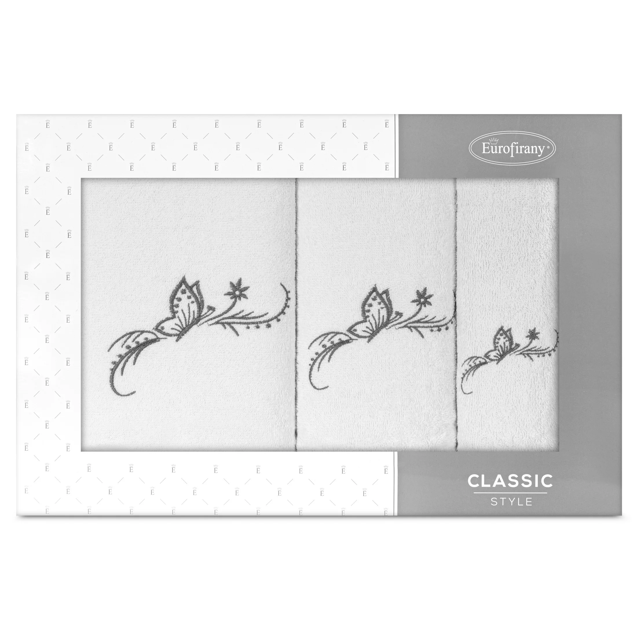 Zestaw ręczników bawełnianych na prezent 3 szt kolor biały,grafitowy z haftowanym motywem motyla 380g/m2 FAIRY Eurofirany