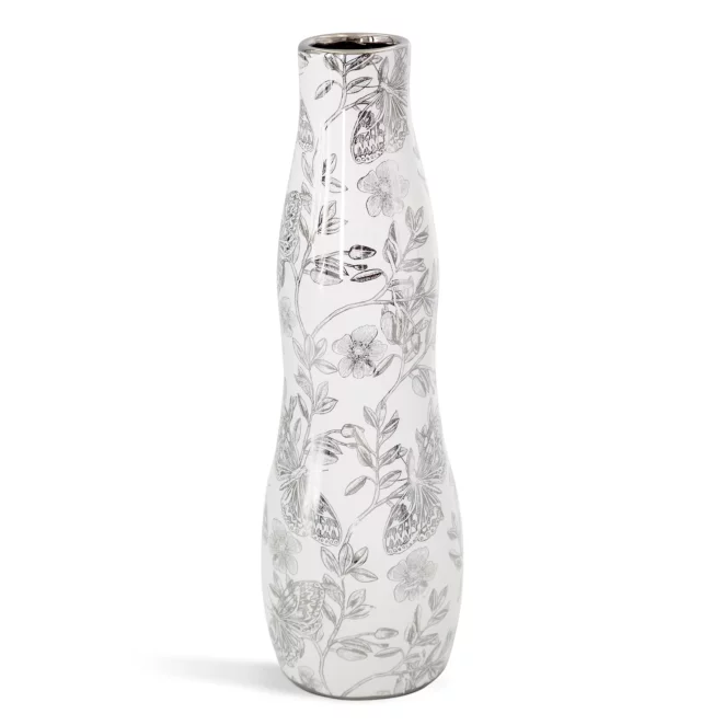 Wazon dekoracyjny biało, srebrny zdobiony roślinnym wzorem 11x35 cm RITA Eurofirany