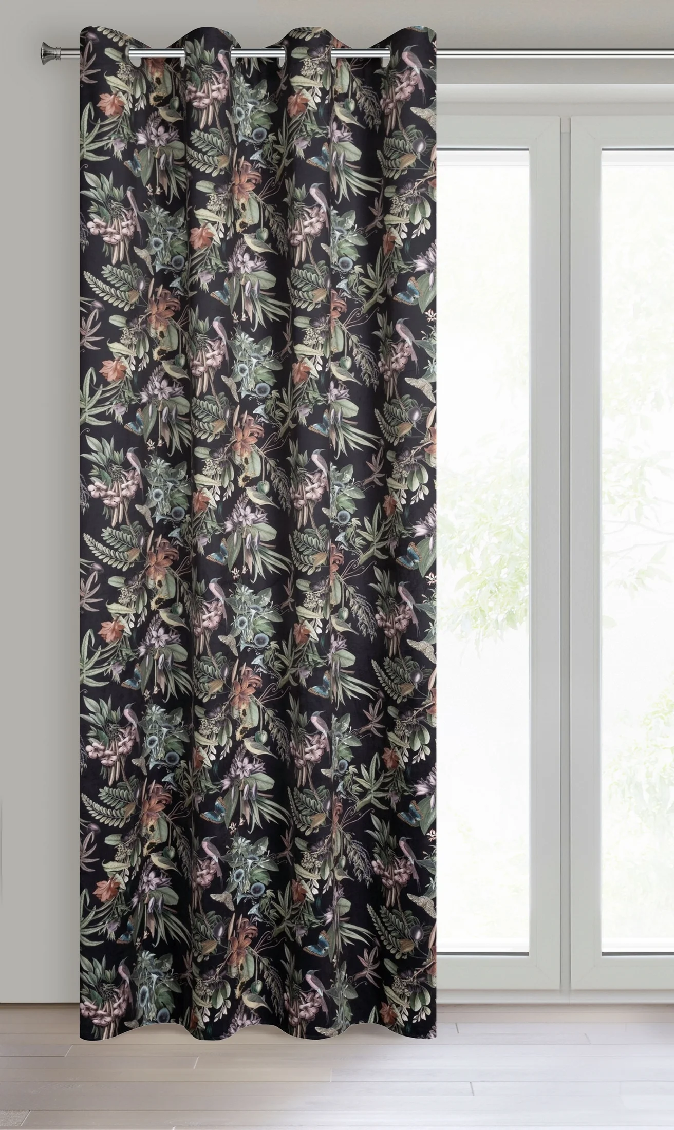 Zasłona czarno, zielona ze wzorem roślinnym z welwetu 140x250 cm przelotka BECKY Eurofirany