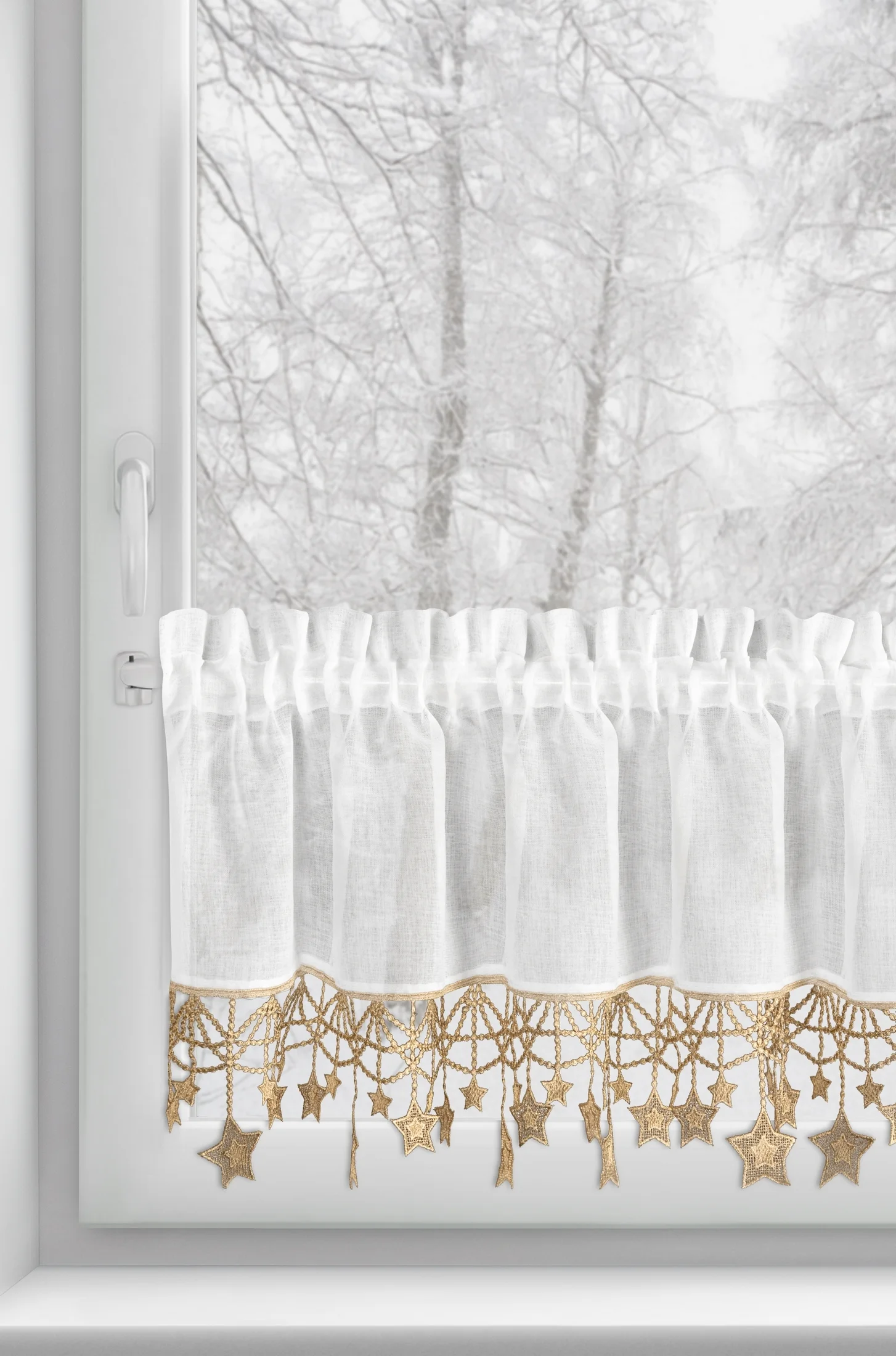Zazdrostka świąteczna biało, złota z etaminy zdobiona luźno zwisającymi gwiazdkami 150x60 cm tunel - XMAS Eurofirany