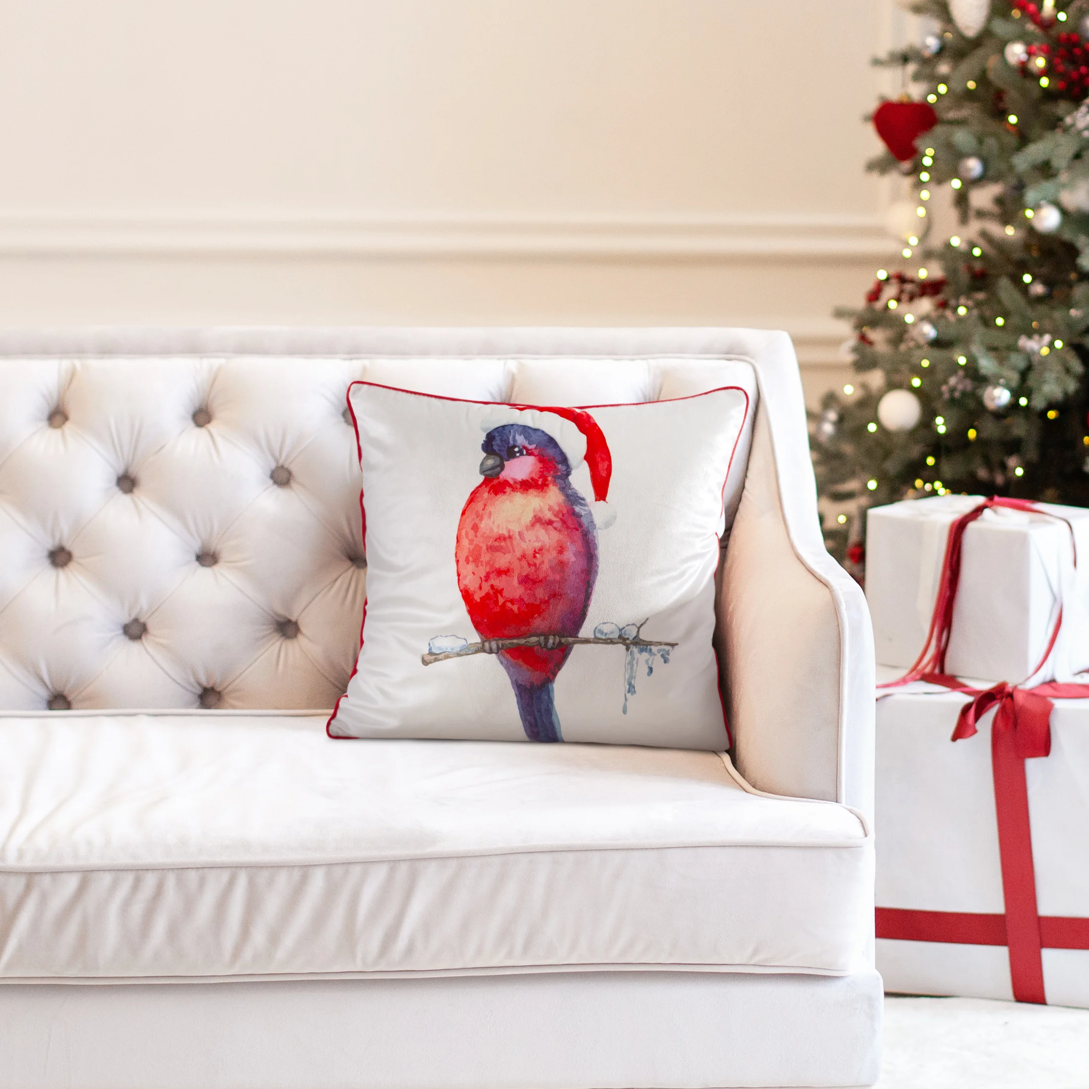 Poszewka na poduszkę świąteczna 45x45 cm biało, czerwona zdobiona nadrukiem Mikołaja z Reniferami Eurofirany