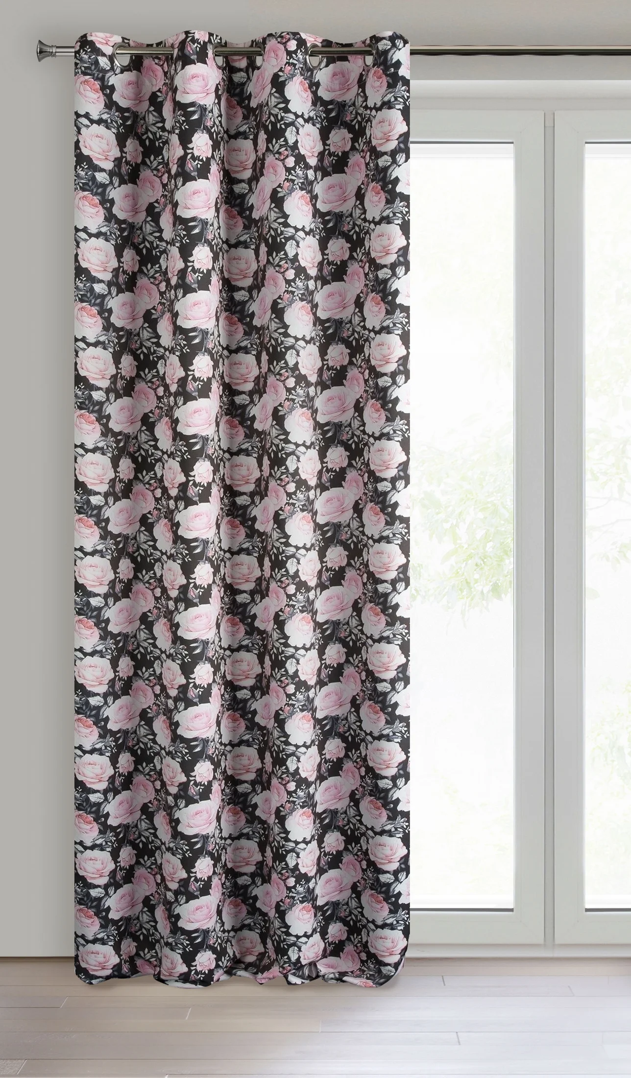 Zasłona czarno, wrzosowa z motywem róż, zaciemniająca 140x250 cm przelotka BELLIS Eurofirany