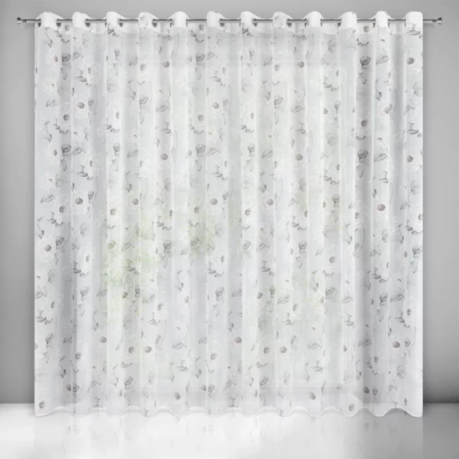 Firana biało, różowa z matowej etaminy z kwiatowym motywem 350x250 cm przelotka BESSY Eurofirany