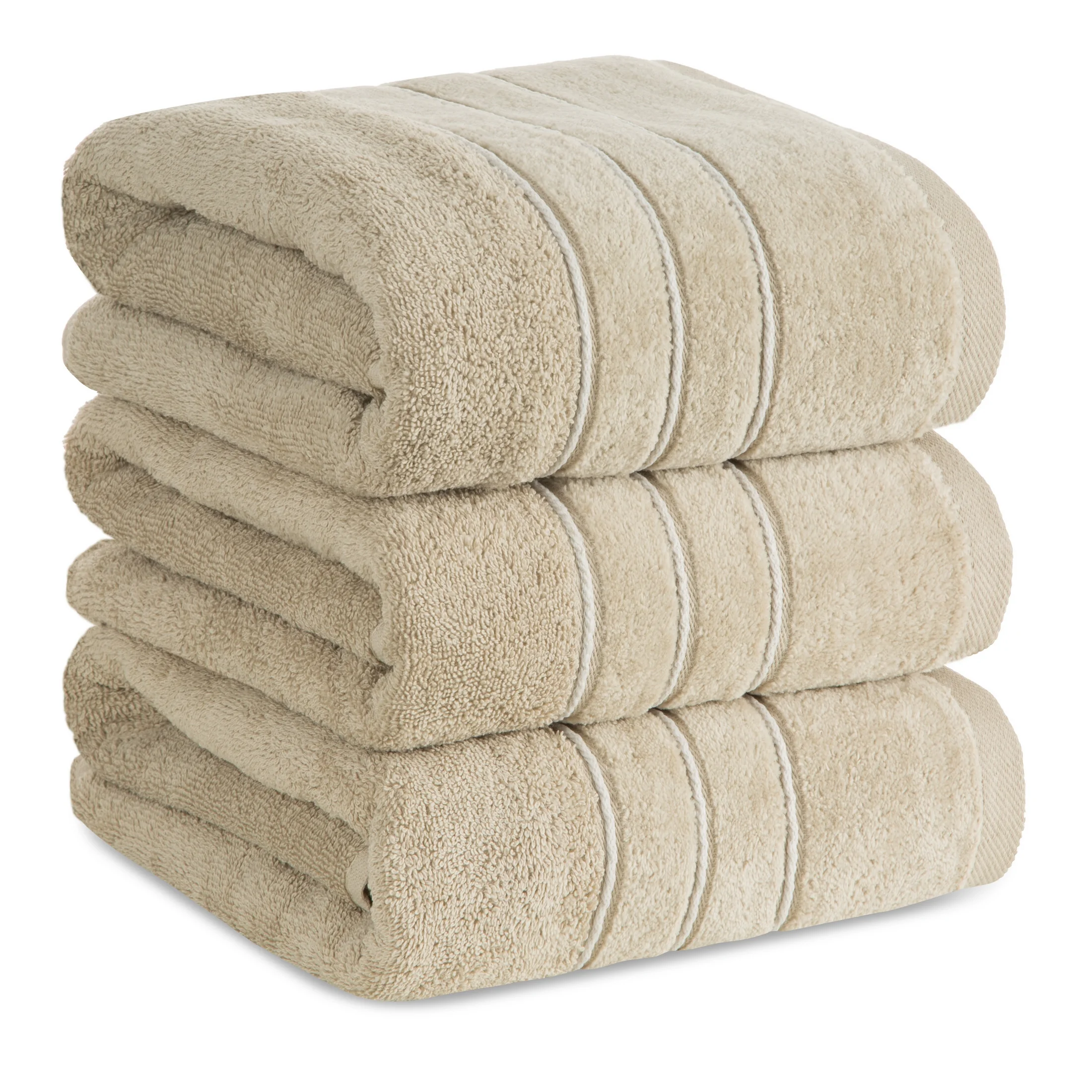 Ręcznik kąpielowy 70x140 cm bawełniany kolor beżowy z welwetową bordiurą i kontrastującymi paseczkami 500 g/m2 SIBEL Eurofirany