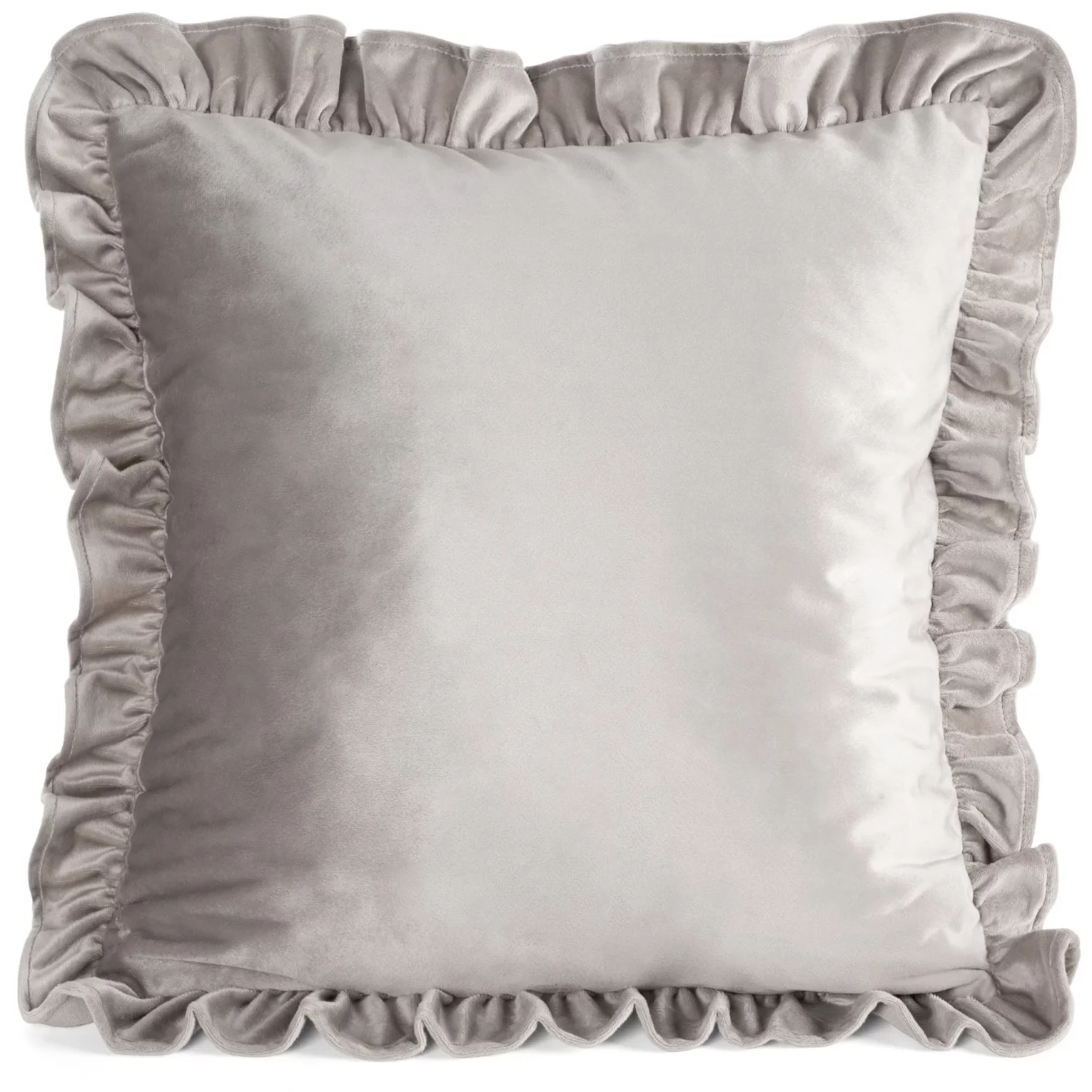 Poszewka na poduszkę 45x45 cm z aksamitnego welwetu zdobiona na brzegach falbanami ciemnobeżowa BRENDA EUROFIRANY PREMIUM
