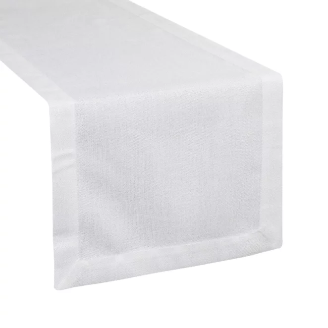 Bieżnik na stół biały 40x140 cm o płóciennym splocie BIANCA 1 z dodatkiem błyszczącej nici wykończony podwójną listwą na brzegach