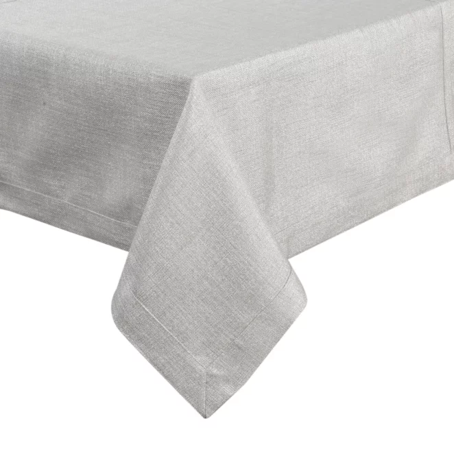 Obrus srebrny 140x220 cm o płóciennym splocie BIANCA 1 z dodatkiem błyszczącej nici wykończony podwójną listwą na brzegach