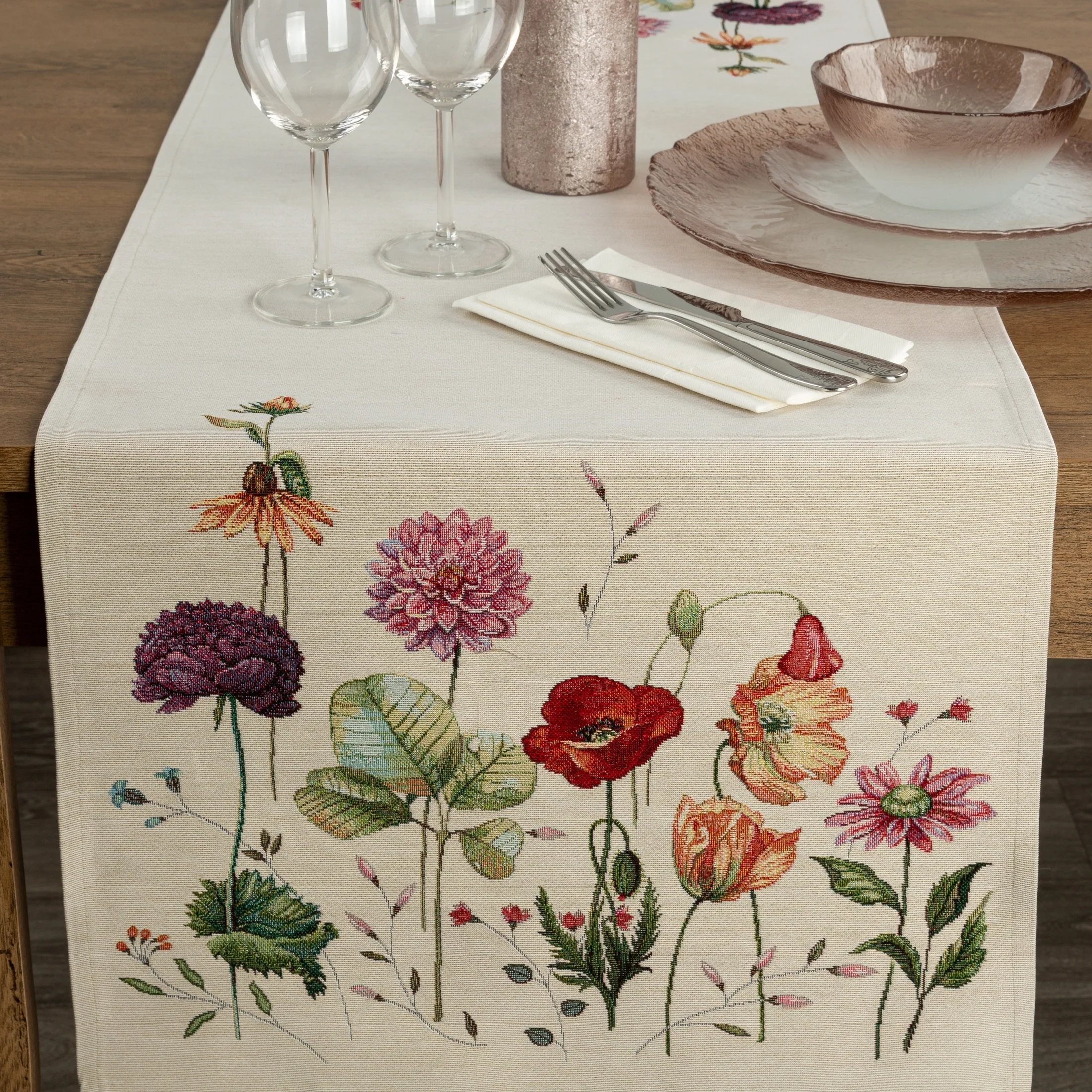 Bieżnik na stół naturalno, czerwony 45x140 cm gobelinowy z motywem letnich kwiatów