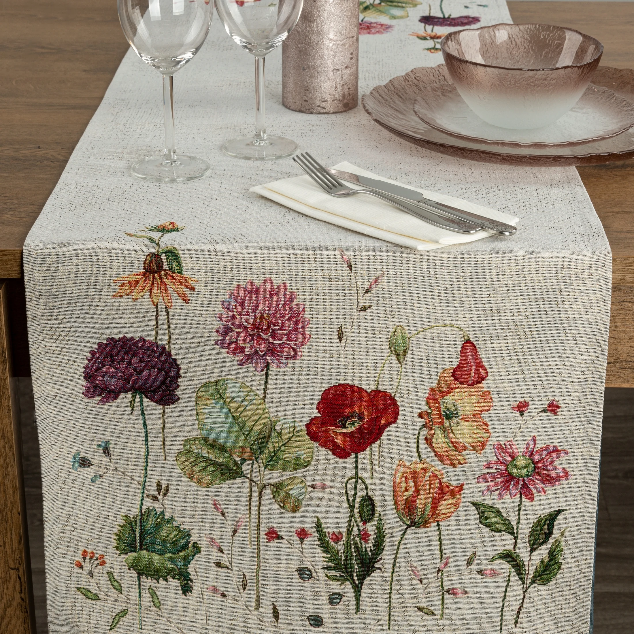 Bieżnik na stół szarobeżowo, czerwony 45x140 cm gobelinowy z motywem letnich kwiatów