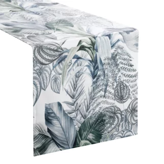 Bieżnik na stół 40x140 cm biało, zielony welwetowy DAVOS zdobiony nadrukiem egzotycznych liści DESIGN 91