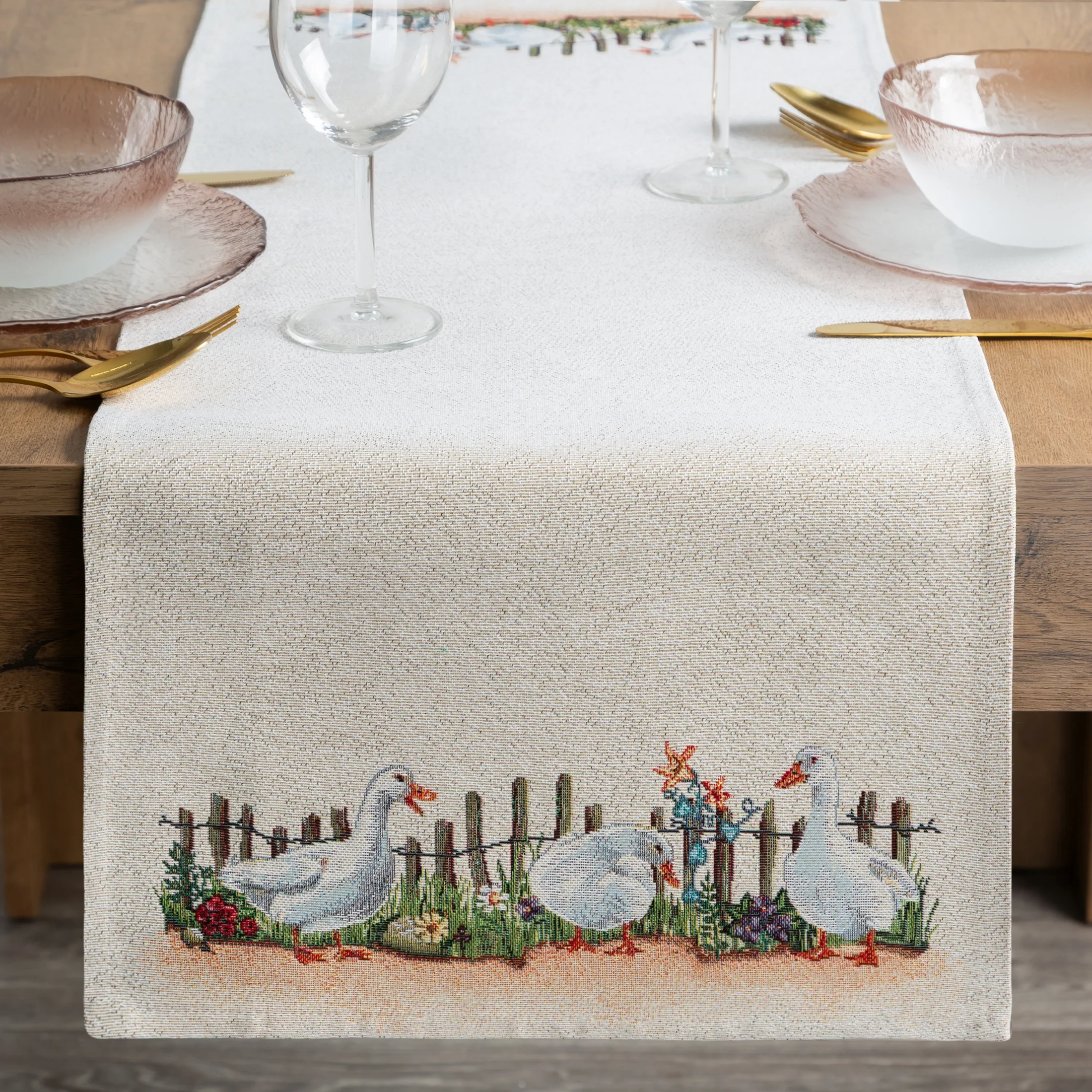 Bieżnik na stół naturalny 40x100 cm gobelinowy z motywem Gęsi Eurofirany
