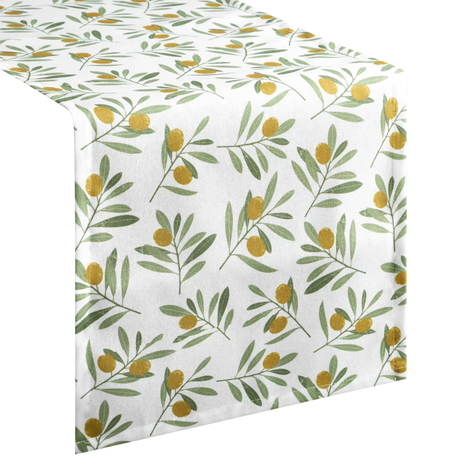Bieżnik na stół plamoodporny 40x140 cm biało, zielony z motywem oliwek - ERIN Eurofirany