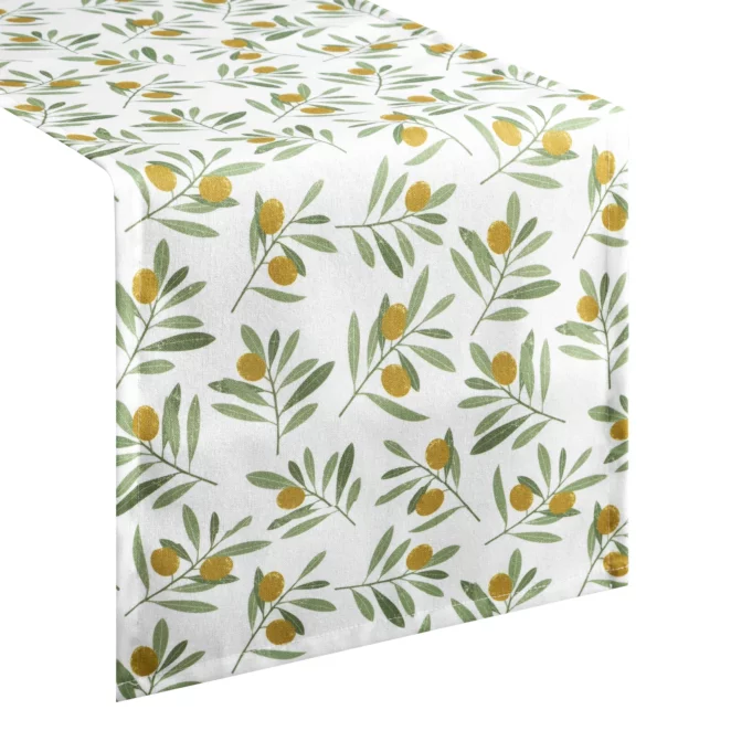 Bieżnik na stół plamoodporny 40x140 cm biało, zielony z motywem oliwek - ERIN Eurofirany