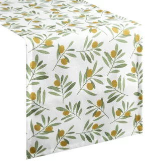 Bieżnik na stół plamoodporny 40x140 cm biało, zielony z motywem oliwek - ERIN Eurofirany