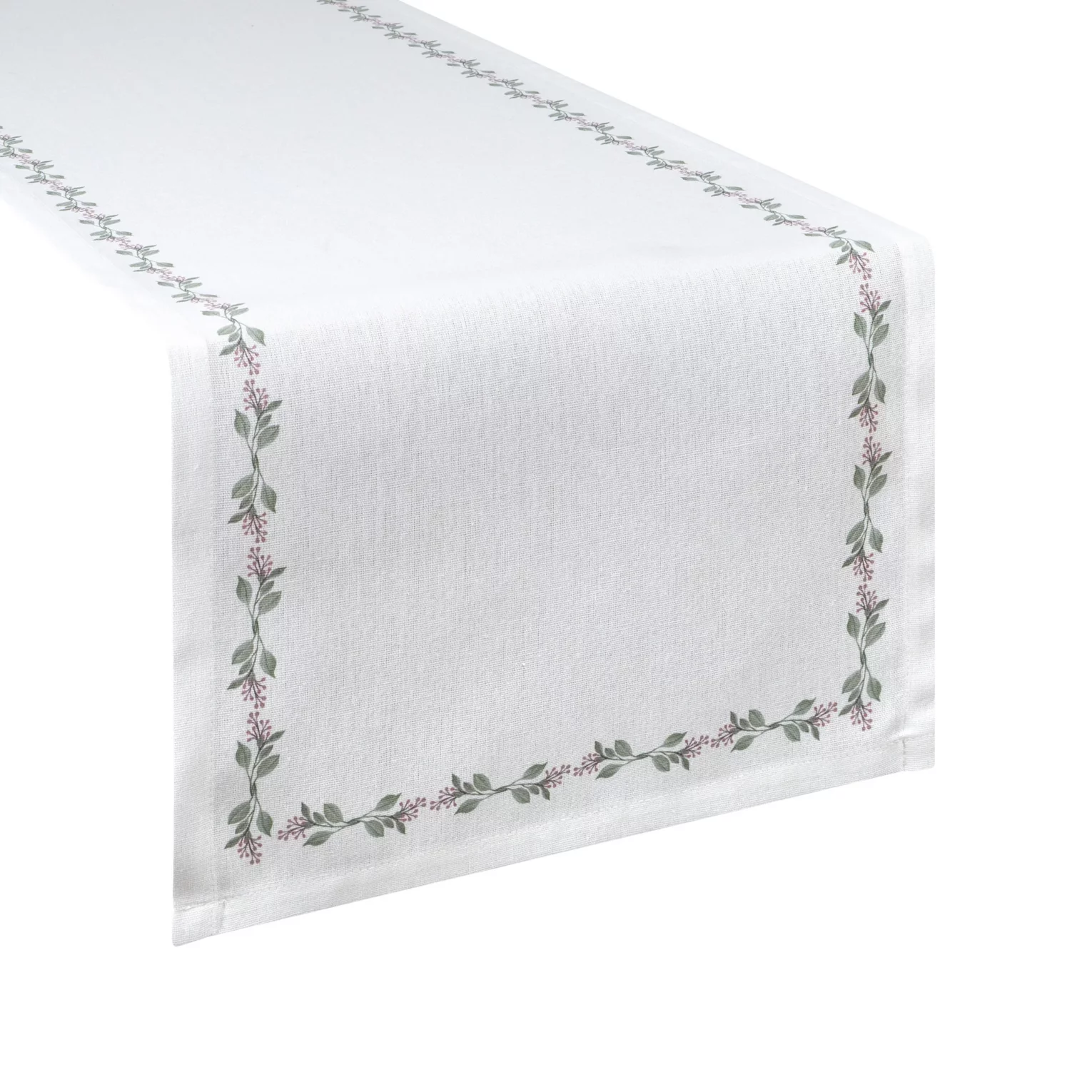 Bieżnik na stół plamoodporny 40x140 cm biało, zielony z motywem roślinnym - LILY Eurofirany