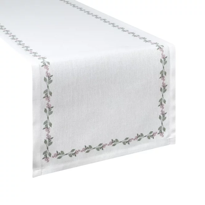 Bieżnik na stół plamoodporny 40x140 cm biało, zielony z motywem roślinnym - LILY Eurofirany