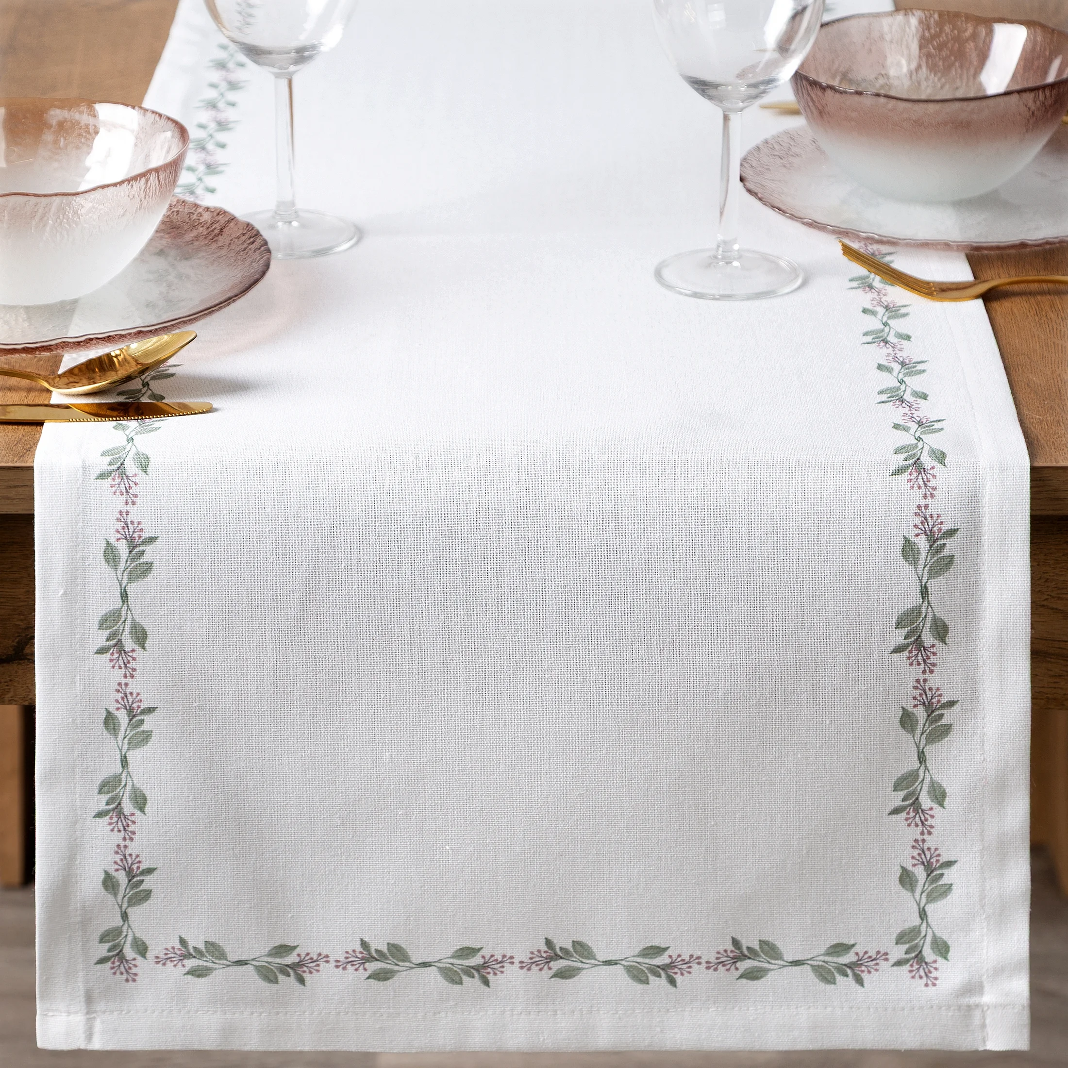 Bieżnik na stół plamoodporny 40x140 cm biało, zielony z motywem roślinnym - LILY Eurofirany