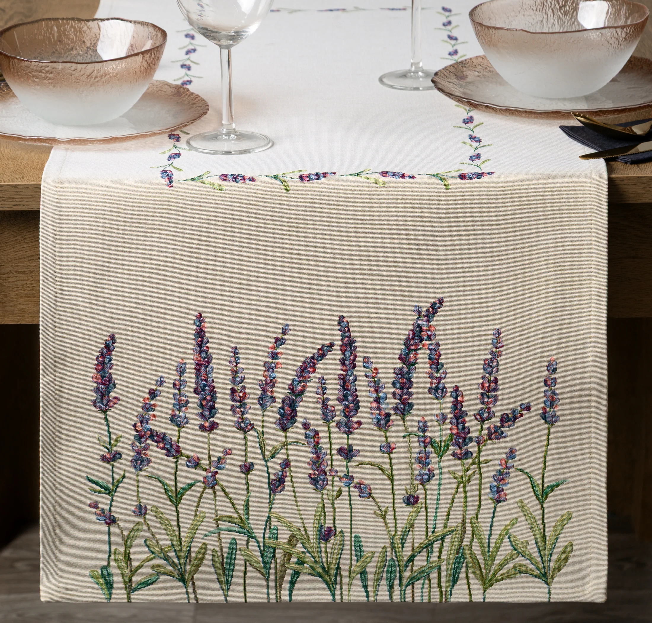 Bieżnik naturalno, zielony 40x100 cm gobelinowy z tkanym motywem lawendy Eurofirany