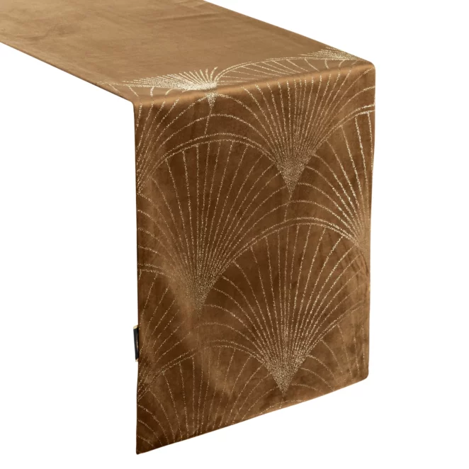 Bieżnik na stół brązowo, złoty 35x140 cm welwetowy BLINK 14 z welwetu z dużym wzorem wachlarzy w stylu art deco
