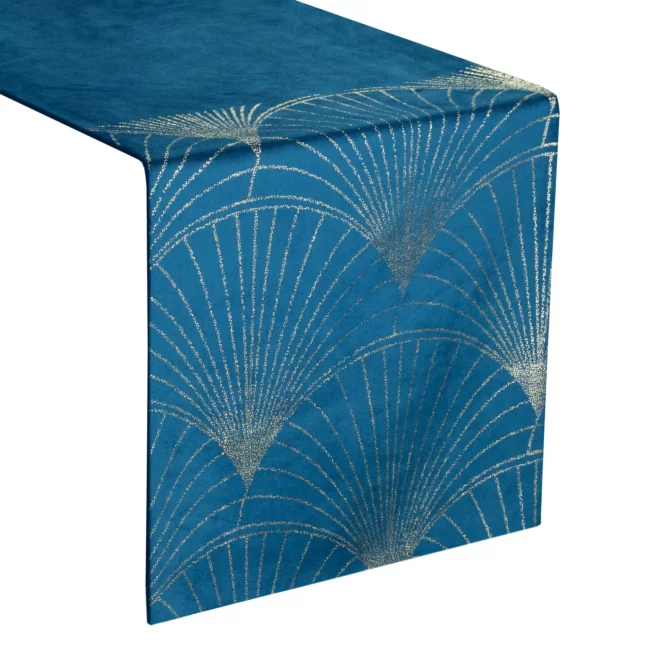 Bieżnik na stół granatowo, złoty 35x140 cm welwetowy BLINK 14 z dużym wzorem wachlarzy w stylu art deco