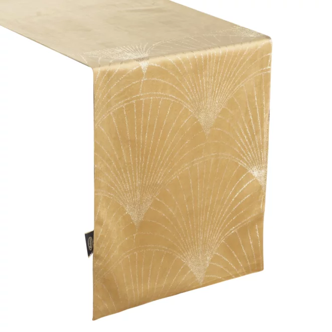 Bieżnik na stół miodowo, złoty 35x140 cm welwetowy BLINK 14 z dużym wzorem wachlarzy w stylu art deco