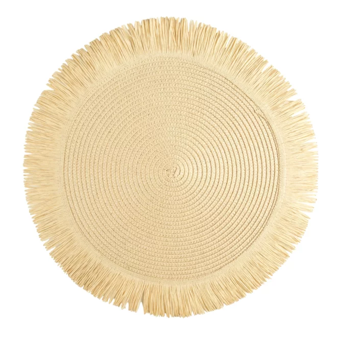Podkładka okrągła na stół beżowa średnica 38 cm BOHO 1 pleciona z frędzlami