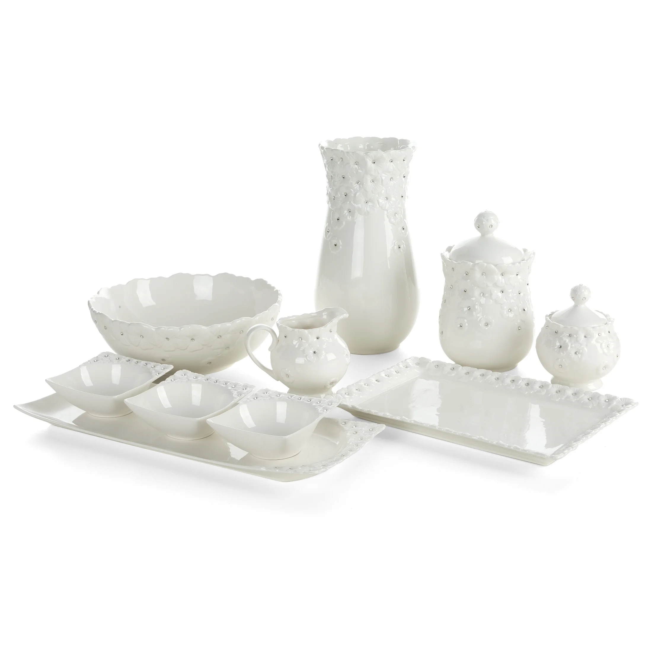 Patera dekoracyjna biała zdobiona w drobne kwiaty z błyszczącym wykończeniem 30x19x3 cm ELISA Eurofirany