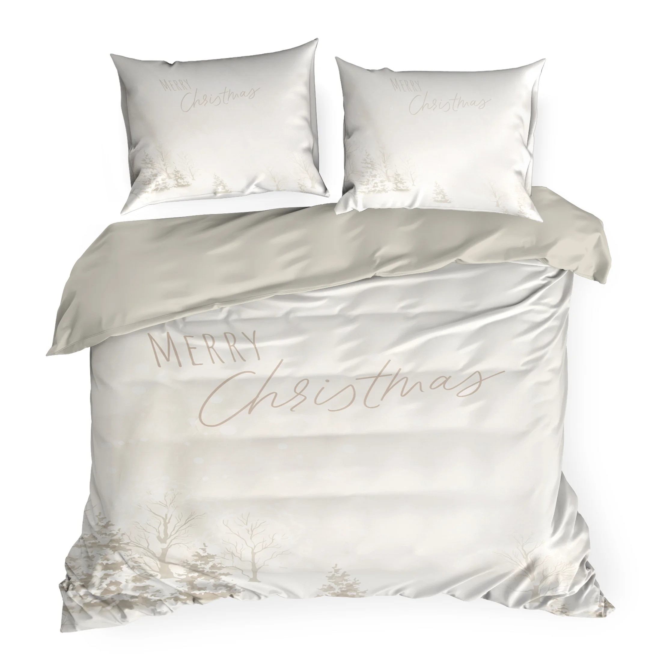 Pościel świąteczna 220x200 cm z mikrowłókna, kolor beżowy, biały z subtelnym nadrukiem SNOWFLAKE Eurofirany