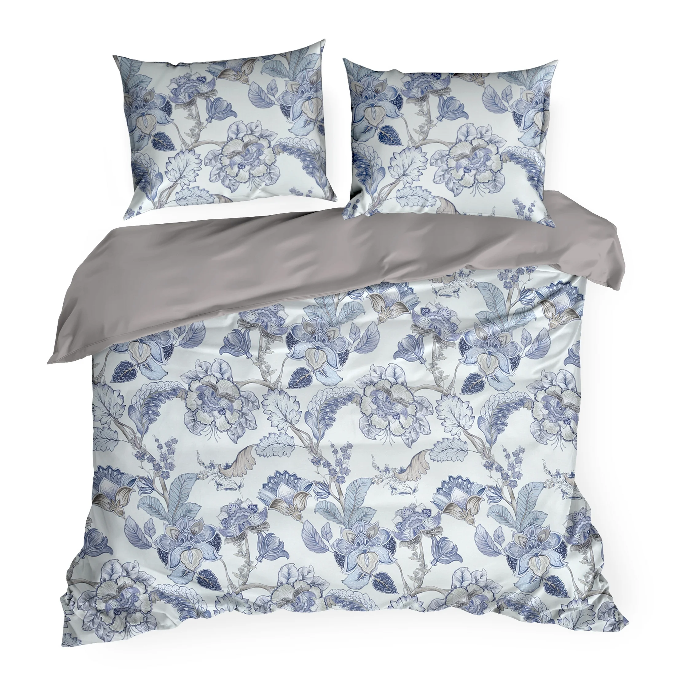 Pościel 160x200 cm komplet 3 częściowy z makosatyny bawełnianej kolor biało, niebieski z motywem kwiatów Eurofirany Premium