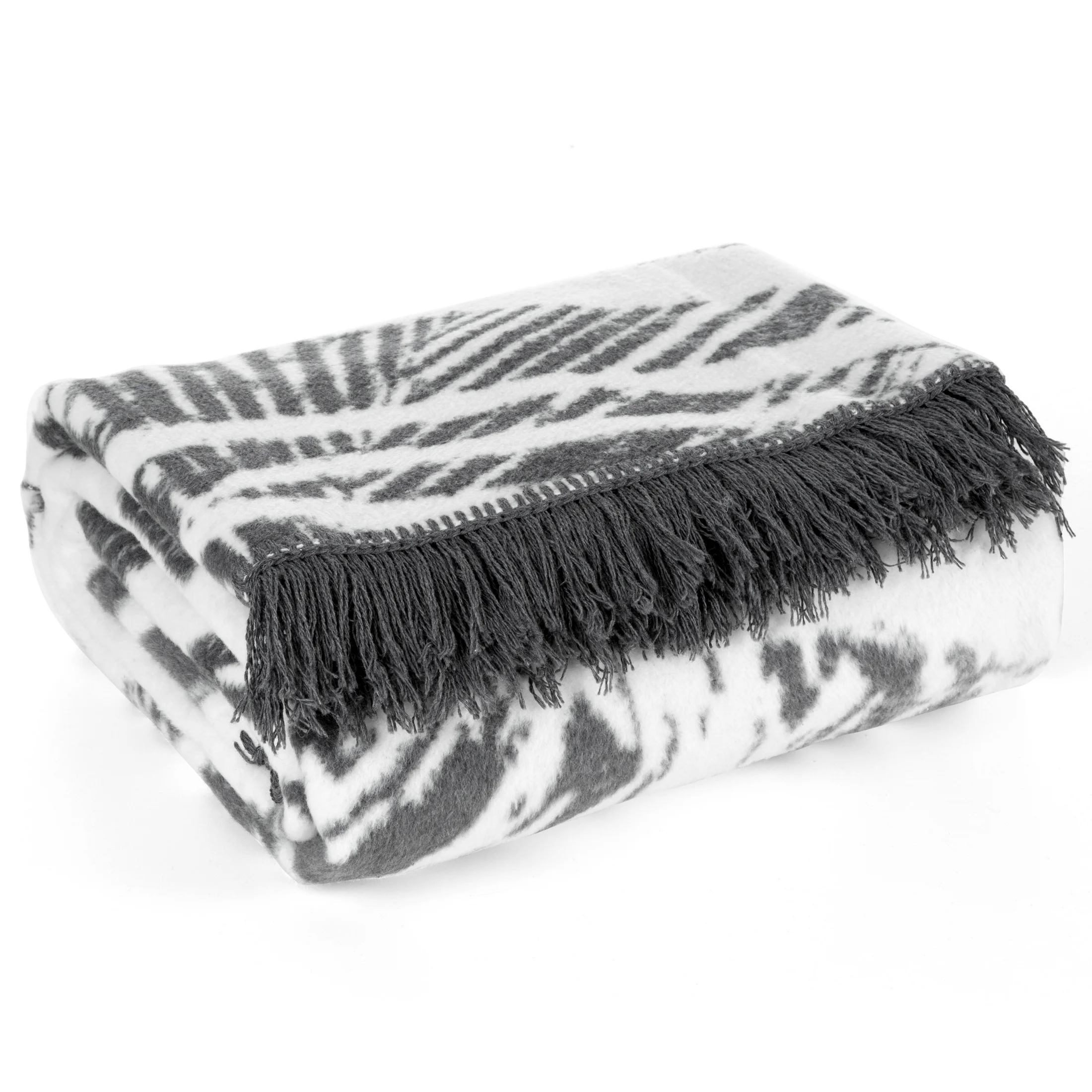 Koc bawełniano-akrylowy 220x240 cm stalowo, biały z designerskim wzorem zakończony frędzlami AKRYL EVA MINGE Eurofirany